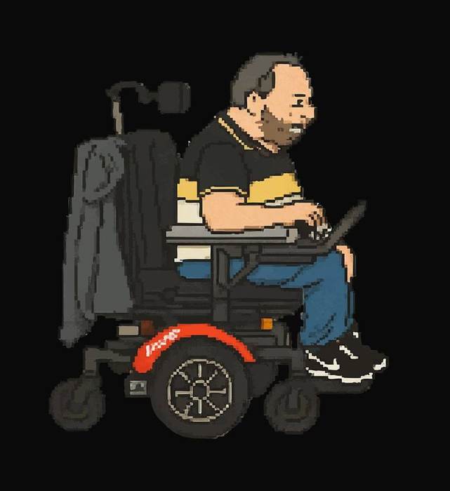 Pixel-art character in a power chair